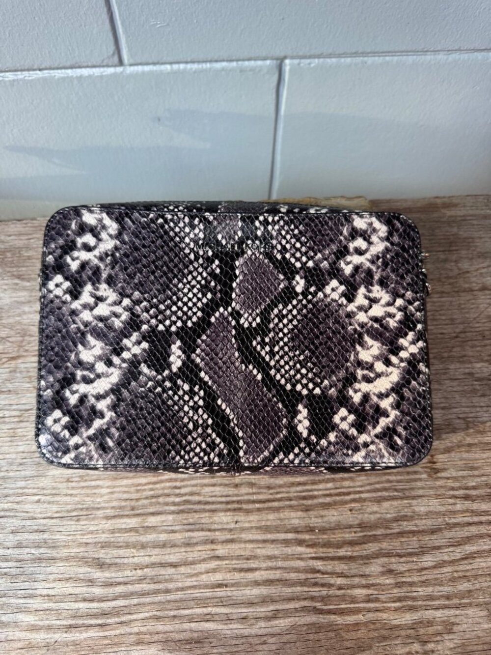 Michael Kors Snakeskin Print Zip Crossbody Bag Gray Black Chain Strap Camera Bag